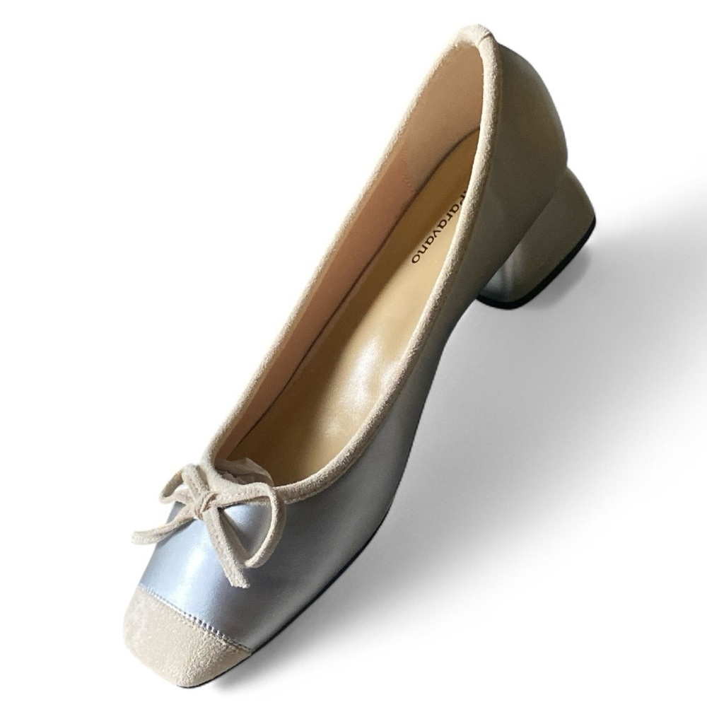 C.PARAVANO Suede Cap Toe Silver Low Block Heel Shoes Size 9.5 (40) NWT